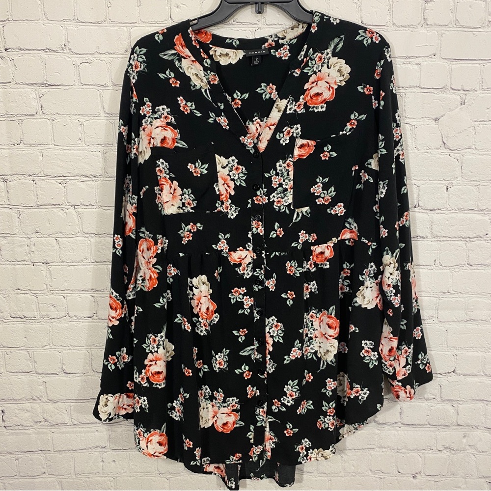 Torrid Womens Tunic 2 Black Floral Print Emma Babydoll Challis Button Front